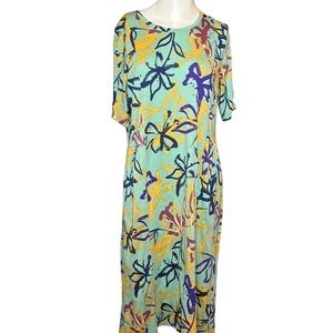 LOGO Lori Goldstein Green & Floral Jersey Knit Midi/ Maxi Dress Sz Sm Art 2 Wear